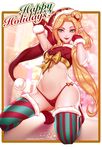  alternate_costume ambitious_elf_jinx artist_name blonde_hair bustier christmas diagonal_stripes full_body fur_trim gloves hair_bun hand_behind_head hat jinx_(league_of_legends) league_of_legends long_hair looking_at_viewer mittens navel open_mouth panties pink_lady_mage pointy_ears red_gloves red_lips red_panties santa_hat side_ponytail smile stomach string_panties striped striped_legwear thighhighs underwear vertical-striped_legwear vertical_stripes very_long_hair 