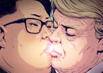  age_difference bara black-framed_eyewear black_hair blonde_hair closed_eyes commentary_request donald_trump eyelashes glasses highres kim_jong-un kiss lips male_focus multiple_boys real_life sakkan short_hair sweat yaoi 