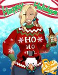  agawa_ryou artist_name beer_bottle blonde_hair blue_eyes breasts christmas christmas_sweater commentary dark_skin earrings grin hair_over_one_eye hand_on_hip jewelry kirihara_torajyuro_tatsumune large_breasts long_hair newhalf orange_hair original phallic_symbol scrunchie side_ponytail smile solo sweater watermark web_address 