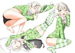  @ichigo ass ass_visible_through_thighs bangs bare_legs barefoot between_legs black_bra black_panties blush bra breasts commentary_request dong-jin_rice-hime drawstring eyebrows_visible_through_hair flower from_side green_eyes green_hat green_shirt green_shorts groin hair_between_eyes hair_flower hair_ornament hair_tie hand_between_legs hand_to_head hat highres legs_together long_hair long_sleeves looking_at_viewer low_twintails lying messy_hair multiple_views nightcap off_shoulder on_side open_mouth pajamas panties pantyshot pantyshot_(lying) pillow pom_pom_(clothes) rubbing_eyes shirt short_shorts shorts silver_hair simple_background sitting sleeping sleepy sleeves_past_wrists small_breasts striped striped_legwear suiji tearing_up tears thighhighs twintails underwear waking_up wariza wheat_print white_background yawning 