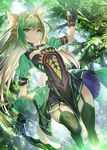  animal_ears atalanta_(fate) belt bow braid commentary_request fate/grand_order fate_(series) feet_out_of_frame forest gloves green_eyes kneehighs long_hair looking_at_viewer miyuki_ruria nature skirt skirt_lift tail tree 