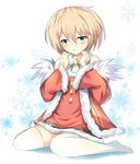  adapted_costume bare_shoulders blanc blue_eyes brown_hair choker christmas coat dress full_body fur_trim hands_on_own_face highres looking_at_viewer neptune_(series) no_hat no_headwear open_mouth ray_726 red_coat red_dress short_hair sitting snowflake_background solo spaghetti_strap thighhighs wariza white_legwear 