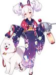  animal animal_ears azur_lane bangs bell bird bow bunny_ears chick collar dog double_bun eyebrows eyebrows_visible_through_hair fake_animal_ears full_body hair_between_eyes hairband holding_leash japanese_clothes jingle_bell kaede_(003591163) kimono laffey_(azur_lane) leash long_sleeves machinery official_art pom_pom_(clothes) purple_hair purple_kimono red_bow red_eyes red_hairband samoyed_(dog) short_hair sleeves_past_wrists solo tabi tachi-e transparent_background turret wide_sleeves 