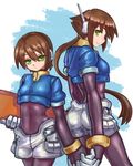  aile bodysuit breasts brown_hair commentary_request drill_(emilio) dual_persona gloves green_eyes highres long_hair multiple_girls ponytail rockman rockman_zx rockman_zx_advent short_hair shorts skin_tight smile spandex 