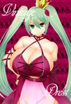  breasts chain cleavage crown detached_sleeves facominn green_eyes green_hair grin hand_on_hip hatsune_miku highres huge_breasts long_hair looking_at_viewer project_diva_(series) project_diva_2nd romeo_to_cinderella_(vocaloid) smile solo twintails very_long_hair vintage_dress_(module) vocaloid 