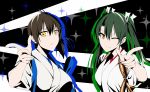  2girls absurdres batabata0015 brown_hair green_hair hair_ribbon highres japanese_clothes kaga_(kantai_collection) kantai_collection long_hair multiple_girls one_eye_closed orange_eyes remodel_(kantai_collection) ribbon side_ponytail sparkle twintails zuikaku_(kantai_collection) 