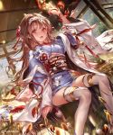  1girl :d animal_print bird_print blush brown_hair company_name gold_trim hair_ornament indoors japanese_clothes liiko long_hair official_art open_mouth red_eyes shingeki_no_bahamut sitting smile solo thighhighs white_legwear wide_sleeves 
