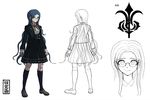  blazer blue_hair character_sheet concept_art danganronpa full_body glasses green_eyes high-waist_skirt highres jacket kneehighs komatsuzaki_rui long_hair looking_at_viewer multiple_views new_danganronpa_v3 official_art orange_ribbon pleated_skirt reference_sheet ribbon school_uniform shirogane_tsumugi shirt simple_background skirt smile translation_request white_background white_shirt 