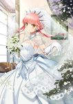  bangs breasts bridal_veil crown dress earrings elbow_gloves fate/grand_order fate_(series) gloves highres jewelry long_hair looking_at_viewer medb_(fate)_(all) medb_(fate/grand_order) medium_breasts pink_hair shimo_(s_kaminaka) smile solo strapless strapless_dress tiara veil wedding_dress white_dress yellow_eyes 