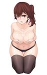  areolae black_legwear black_panties bow bow_panties breast_squeeze breasts brown_eyes brown_hair collarbone commentary_request covered_nipples cum cum_on_body cum_on_breasts cum_on_upper_body facial franham full_body hair_between_eyes hair_over_shoulder highres kaga_(kantai_collection) kantai_collection large_breasts long_hair looking_at_viewer navel open_mouth panties seiza shiny shiny_hair shiny_skin side_ponytail simple_background sitting solo thigh_gap thighhighs topless underwear white_background white_day 