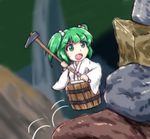  bucket climbing commentary_request eyebrows_visible_through_hair getting_over_it green_eyes green_hair hair_bobbles hair_ornament japanese_clothes kisume long_sleeves rock short_hair sledgehammer solo sotomichi sweat touhou two_side_up wide_sleeves 