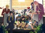  ^_^ all_fours aqua_hair arm_tattoo black_gloves black_hair blonde_hair blue_eyes blush bottle broom brown_hair cheek_poking chopsticks closed_eyes cup drooling drunk eyepatch food fudou_yukimitsu glasses gloves grin hakama hakata_toushirou heshikiri_hasebe higekiri_(touken_ranbu) highres hizamaru_(touken_ranbu) holding holding_chopsticks ichigo_hitofuri japanese_clothes jirou_tachi kasen_kanesada ko-man loose_necktie lying male_focus mikazuki_munechika multiple_boys necktie nihongou_(touken_ranbu) on_side onigiri ookurikara pink_hair poking purple_eyes purple_hair sakazuki shokudaikiri_mitsutada shorts sitting sliding_doors smile souza_samonji suspenders table taikogane_sadamune tarou_tachi tattoo tempura touken_ranbu track_suit tray tsurumaru_kuninaga white_hair yagen_toushirou yamanbagiri_kunihiro 