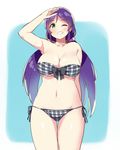  aqua_background bandeau bikini breasts cleavage commentary grin hair_ornament hair_scrunchie kurokawa_makoto large_breasts long_hair love_live! love_live!_school_idol_project low_twintails one_eye_closed pink_scrunchie plaid plaid_bikini purple_hair scrunchie shading_eyes side-tie_bikini smile solo swimsuit toujou_nozomi twintails underboob 