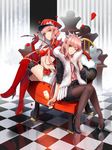  alcohol alluring_chief_warden_look alternate_costume boots champagne checkered checkered_floor cup drinking_glass dual_persona elbow_gloves fate/grand_order fate_(series) flower fur_scarf gloves hat high_heels highres holding_whip long_hair looking_at_viewer medb_(fate)_(all) medb_(fate/grand_order) midriff multiple_girls navel one_eye_closed pantyhose parted_lips peaked_cap petals pink_hair reflection riding_crop rose shimo_(s_kaminaka) sitting skirt thigh_boots thighhighs tiara whip wine_glass yellow_eyes 