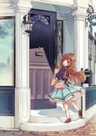  :d ahoge bag blue_skirt brown_eyes brown_hair cover cover_page day door frilled_skirt frills grocery_bag highres holding housekihaki_no_onnanoko kei_(k_tmr) long_hair looking_at_viewer looking_back novel_cover official_art open_mouth outdoors pleated_skirt purple_shirt red_footwear reflection shirt shoes shopping_bag shoulder_bag sign skirt smile socks standing standing_on_one_leg white_legwear window 