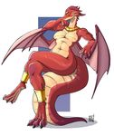  anthro black_sclera breasts dalehan dragon dragon_wings featureless_breasts female front_view hyper muscular muscular_female navel nude red_scales scales scalie sitting sitting_on_tail solo 