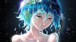  blue_hair continents dripping earth earth-chan face green_hair hair_between_eyes highres kuroi_enpitsu lens_flare multicolored_hair original sad short_hair solo space star_(sky) sun upper_body water yellow_eyes 