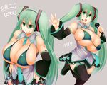  :q between_breasts bikini_top boots breasts character_name detached_sleeves facominn green_eyes green_hair grey_background hatsune_miku headset highres huge_breasts long_hair microphone necktie necktie_between_breasts open_mouth skindentation skirt smile solo swimsuit thigh_boots thighhighs tongue tongue_out twintails very_long_hair vocaloid 