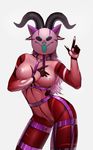  black_fur breasts caprine claws female fur goat gothal_(character) hair harness horn mammal mask multicolored_fur nipples purple_hair red_fur simple_background skull solo striped_fur stripes tongue white_fur xngfng95 