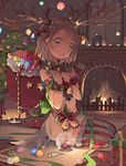  antlers blue_eyes blush_stickers box brown_hair christmas_tree fire fireplace fur_trim gift gift_box highres looking_at_viewer love_live! love_live!_sunshine!! qianqian ribbon sack see-through seiza short_hair sitting solo thighhighs watanabe_you window wrist_cuffs 