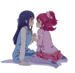  aida_mana arm_support blue_dress blue_eyes blue_hair blush braid casual commentary dokidoki!_precure dress eye_contact from_side hair_ribbon half_updo hishikawa_rikka holding_hands kurokawa_makoto looking_at_another multiple_girls no_shoes pink_eyes pink_hair pink_shirt ponytail precure profile purple_legwear ribbon shirt simple_background sitting skirt thighhighs white_background yuri 