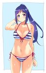  bikini breasts cleavage commentary kurokawa_makoto large_breasts long_hair love_live! love_live!_sunshine!! matsuura_kanan navel ponytail purple_eyes purple_hair side-tie_bikini solo striped striped_bikini swimsuit 