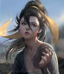  black_eyes black_hair chuby_mi cigarette day facebook_username hair_between_eyes hanzo_(overwatch) highres holding holding_cigarette lips long_hair md5_mismatch nose outdoors overwatch parted_lips ponytail realistic smoke smoking solo sunlight watermark web_address 