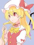  bangs blonde_hair blue_background bow bowtie buttons commentary_request eyebrows_visible_through_hair flandre_scarlet hair_between_eyes hair_twirling hat hat_bow highres long_hair mob_cap neck_ribbon one_side_up oshiaki parted_lips puffy_short_sleeves puffy_sleeves red_bow red_eyes red_ribbon ribbon short_sleeves simple_background solo touhou upper_body white_hat yellow_neckwear 
