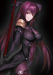  absurdres arm_up bangs bodysuit breasts closed_mouth fate/grand_order fate_(series) gae_bolg hair_intakes highres large_breasts light_smile lips long_hair looking_at_viewer polearm purple_bodysuit purple_hair red_eyes scathach_(fate)_(all) scathach_(fate/grand_order) shoulder_armor solo spaulders spear very_long_hair weapon yagitome87 