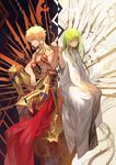  abs androgynous armor boots cape chain closed_mouth commentary_request enkidu_(fate/strange_fake) enkidu_(weapon) fate/grand_order fate/strange_fake fate_(series) faulds fist_bump gilgamesh greaves green_hair grin halberd highres knee_up lack lance long_hair long_sleeves looking_at_another male_focus multiple_boys navel polearm red_cape red_eyes robe shirtless sitting smile spear tattoo waist_cape weapon yellow_eyes 