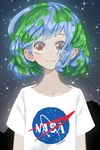  :3 artist_name blue_hair brown_eyes collarbone commentary earth-chan green_hair highres looking_at_viewer making_of multicolored_hair nasa_logo nyanafk original shirt short_hair smile solo t-shirt two-tone_hair upper_body 