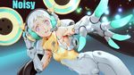  android commentary covered_navel crotch_plate headphones highres lavender_eyes looking_at_viewer md5_mismatch open_mouth original outstretched_arm short_hair solo white_hair yamacannon 