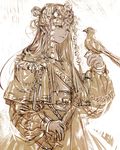  bird bird_on_hand capelet chain commentary_request dark_skin hand_up headdress holding holding_sword holding_weapon light_smile lips long_hair long_sleeves monochrome oollnoxlloo original puffy_long_sleeves puffy_sleeves scabbard sepia sheath sketch solo spot_color sword tassel upper_body weapon yellow_eyes 