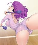  arched_back ass breasts covered_nipples eyebrows_visible_through_hair from_behind gymnast_leotard gymnastics highres holding impossible_clothes kirakira_precure_a_la_mode kotozume_yukari leg_up leotard long_sleeves looking_at_viewer looking_back md5_mismatch nurugamer-kouyouju precure purple_eyes purple_hair purple_leotard rhythmic_gymnastics solo updo 