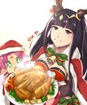 black_hair bodysuit breasts cape christmas circlet dress fa facial_mark fire_emblem fire_emblem:_fuuin_no_tsurugi fire_emblem:_kakusei fire_emblem_heroes food forehead_mark highres horns long_hair looking_at_viewer mamkute medium_breasts multiple_girls open_mouth pink_hair pointy_ears purple_hair short_hair siegzeonu simple_background smile tharja tiara turkey_(food) two_side_up white_background 
