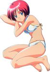  barefoot bikini blue_eyes full_body hinomoto_hikari kokura_masashi legs_folded looking_at_viewer mole mole_under_eye navel non-web_source official_art red_hair short_hair simple_background smile solo swimsuit tokimeki_memorial white_background white_bikini 