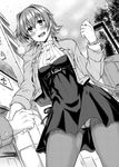 1girl :d alternate_costume bag blush breasts breath construction crotch_seam dress earrings greyscale halftone highres holding_hands jacket jewelry kantai_collection kawajuu kinu_(kantai_collection) lamppost long_sleeves monochrome open_mouth out_of_frame panties panties_under_pantyhose pantyhose pantyshot pantyshot_(standing) road short_hair small_breasts smile standing street thighband_pantyhose tree underwear watch 