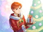  brown_hair christmas christmas_tree fire_emblem fire_emblem:_souen_no_kiseki gift gloves hanasaki_komugi long_hair male_focus red_hair rhys santa_costume simple_background solo 