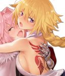  1girl :d astolfo_(fate) back_tattoo blonde_hair braid breasts commentary_request fang fate/apocrypha fate_(series) hug jeanne_d'arc_(fate) jeanne_d'arc_(fate)_(all) long_hair looking_at_viewer medium_breasts nekoi_mie open_mouth otoko_no_ko pink_eyes pink_hair purple_eyes sideboob simple_background single_braid smile tattoo white_background 
