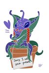  &lt;3 2017 2:3 alien antennae blue_eyes christmas digital_drawing_(artwork) digital_media_(artwork) dipstick_antennae disney dogshaming eating english_text experiment_(species) flora_fauna flower_pot green_body hi_res holidays laluzine lilo_and_stitch plant purple_body ribbons sign signature simple_background solo sprout_(lilo_and_stitch) text url watermark white_background 