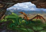  2017 amazing_background ambiguous_gender cave claws day detailed_background digital_media_(artwork) dragon duo feral grass horn lying membranous_wings on_side outside scalie sky spines western_dragon wings x-celebril-x 