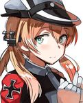  blonde_hair blush closed_mouth commentary eyebrows_visible_through_hair gloves green_eyes hair_ornament hat iron_cross kantai_collection lolicept looking_at_viewer peaked_cap prinz_eugen_(kantai_collection) quad_tails simple_background sketch smile solo white_background white_gloves 