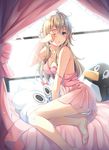  arm_support bare_legs barefoot bird blonde_hair blue_eyes blush braid breasts cleavage curtains day eyebrows_visible_through_hair highres indoors kantai_collection long_hair looking_at_viewer medium_breasts moeki_yuuta on_bed panties pantyshot pantyshot_(sitting) parted_lips penguin pillow pink_shirt pink_skirt pleated_skirt rubbing_eyes shiny shiny_skin shirt sitting sitting_on_bed skirt sleepy solo strap_slip sunlight underwear warspite_(kantai_collection) white_panties window 