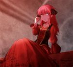  alternate_costume blue_eyes dress elizabeth_bathory_(fate) elizabeth_bathory_(fate)_(all) fate_(series) hair_ribbon long_hair long_sleeves looking_at_viewer minafuni pink_hair red_dress ribbon solo two_side_up 