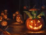  2017 absurd_res claws detailed_background digital_media_(artwork) dragon embers food fruit green_scales hi_res jack-o&#039;-lantern membranous_wings open_mouth pumpkin scales scalie solo teeth tongue wings x-celebril-x yellow_eyes 