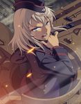  bad_id bad_pixiv_id blue_eyes garrison_cap girls_und_panzer ground_vehicle hat itsumi_erika kuromorimine_military_uniform long_hair military military_uniform military_vehicle motor_vehicle open_mouth pairan silver_hair tank uniform 