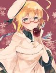  alcohol blonde_hair blue_ribbon blush cinnamon_stick cup dress drinking_glass eyebrows_visible_through_hair food fruit fur_trim glasses gloves gluhwein green_eyes hair_ribbon holding holding_cup i-8_(kantai_collection) itomugi-kun kantai_collection lemon lemon_slice looking_at_viewer red_background ribbon shirt smile snowflakes solo steam upper_body white_dress white_gloves 