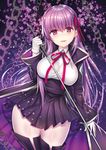  absurdres bangs bb_(fate)_(all) bb_(fate/extra_ccc) beeyan chain cherry_blossoms fate/extra fate/extra_ccc fate/grand_order fate_(series) hair_ribbon highres holding holding_wand long_hair looking_at_viewer parted_lips purple_eyes purple_hair red_ribbon ribbon solo thighhighs very_long_hair wand 