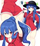  alternate_costume ass bare_legs baseball_bat black_hat blue_hair blush breasts cleavage commentary_request food fruit hand_on_hip hand_up hat hinanawi_tenshi jacket lolimate long_hair looking_at_viewer multiple_views peach ponytail red_eyes simple_background small_breasts spoken_squiggle squiggle touhou tying_hair very_long_hair white_background 