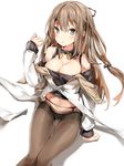  :&lt; arm_support arm_up bangs black_legwear blush breasts brown_eyes brown_hair collarbone detached_collar girls_frontline hair_between_eyes hair_ornament hairclip highres k-2_(girls_frontline) large_breasts long_hair long_sleeves looking_at_viewer navel pantyhose parted_lips shiny shiny_clothes sidelocks silver_(chenwen) simple_background solo white_background 